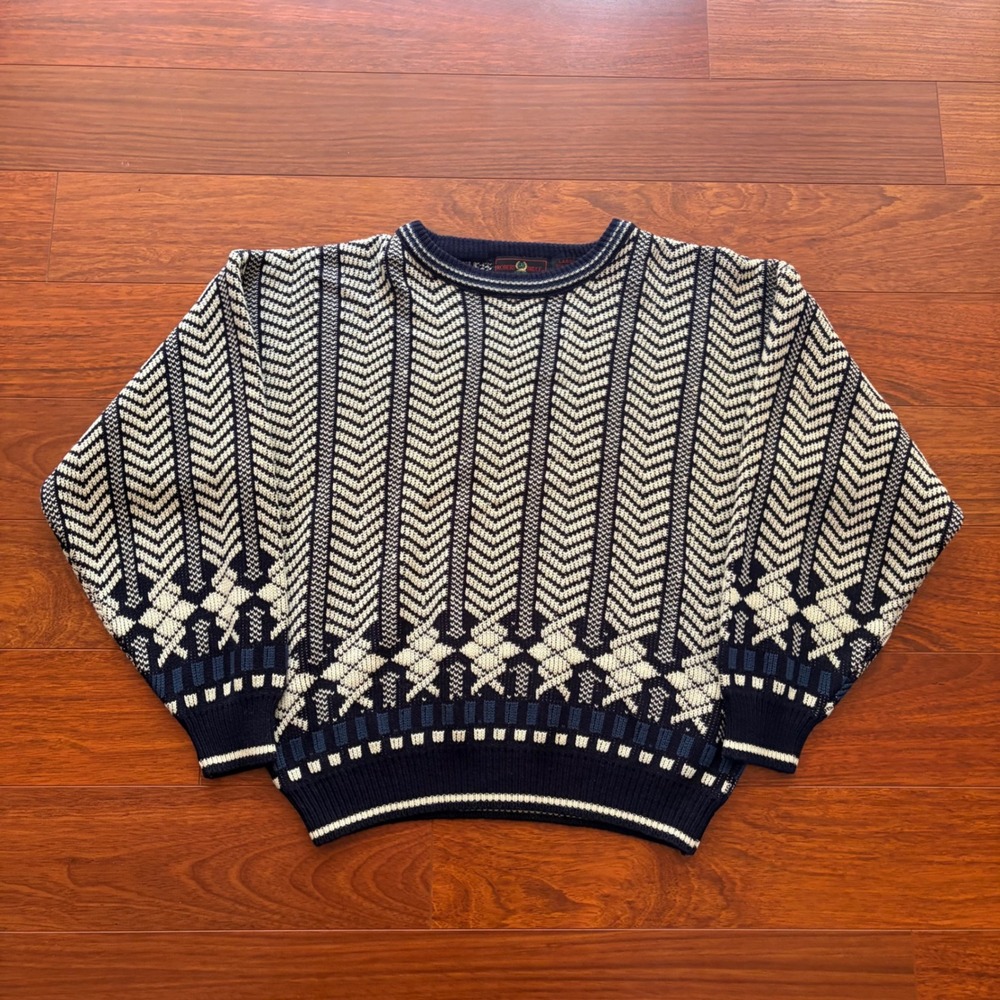 Robert Bruce Mens Large Blue White Patterned Knit Sweater Vintage Gorpcore 90s